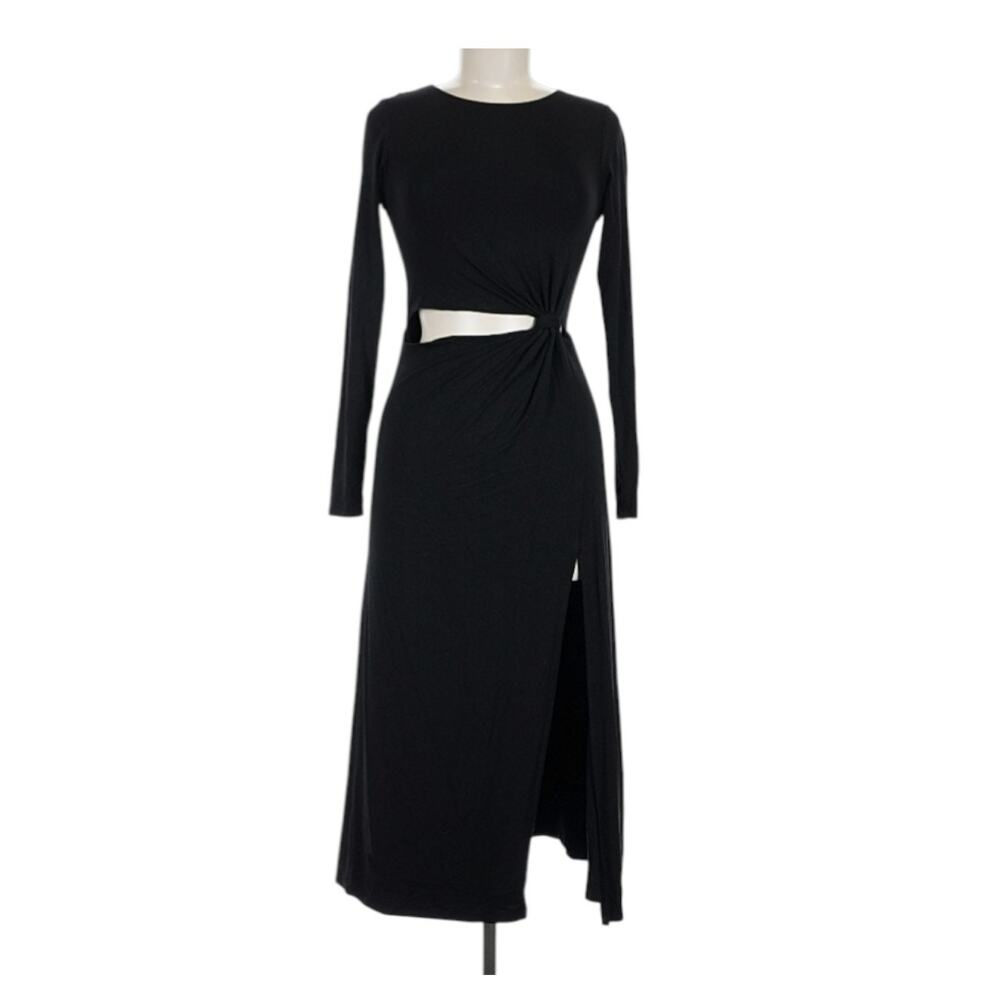 Good American 2 Medium Dress Maxi Cut Out Tie Knot Long Sleeve Black